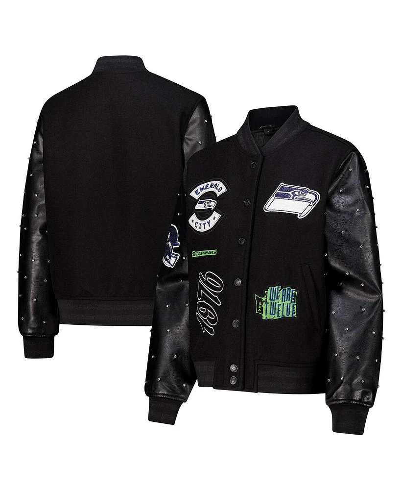 The Wild Collective Women's Black Seattle Seahawks Varsity Full-Snap Sparkle Jacket