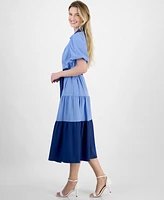 T Tahari Women's Puff-Sleeve Belted Tiered Dress