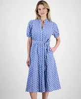 T Tahari Women's Button-Front Puff-Sleeve Midi Dress