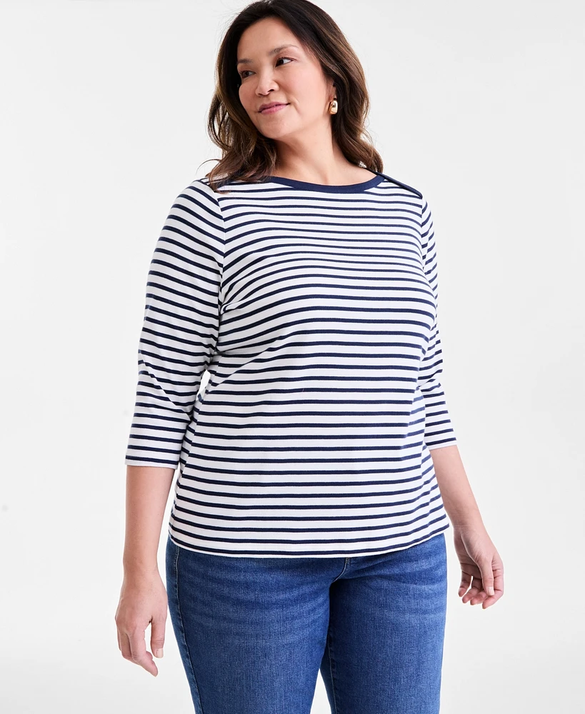 Style & Co Plus Stripe Pima Cotton 3/4-Sleeve Top, Exclusively at Macy's