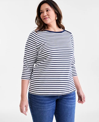 Style & Co Plus Stripe Pima Cotton 3/4-Sleeve Top, Exclusively at Macy's