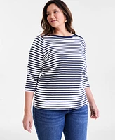 Style & Co Plus Stripe Pima Cotton 3/4-Sleeve Top, Exclusively at Macy's