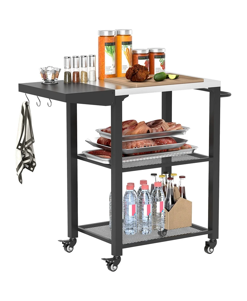 Outsunny 3-Shelf Outdoor Grill Cart Table with Foldable Side Table,