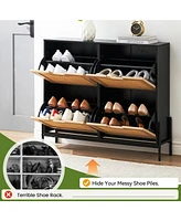 gaomon Rattan Shoe Storage Cabinet with 4 Flip Drawers, Narrow Shoe Rack Cabinet, Freestanding Wooden Shoe Organizer Cabinet for Entryway