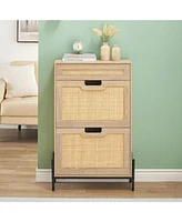 gaomon Natural Rattan Storage Cabinet with 2 Flip Drawers, Wooden Entry Way Cabinet with Storage with Adjustable Shelf and Metal Legs