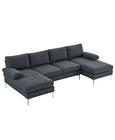 Slickblue U-Shaped 4-Seat Linen Sofa with Wooden Frame and Back for Comfortable Living Room Seating