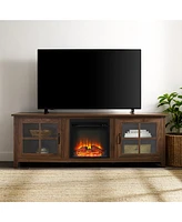 Farmhouse Tv Stand with Fireplace Modern 2-Door Glass Windowpane for TVs up to 80 Inches, Dark Walnut