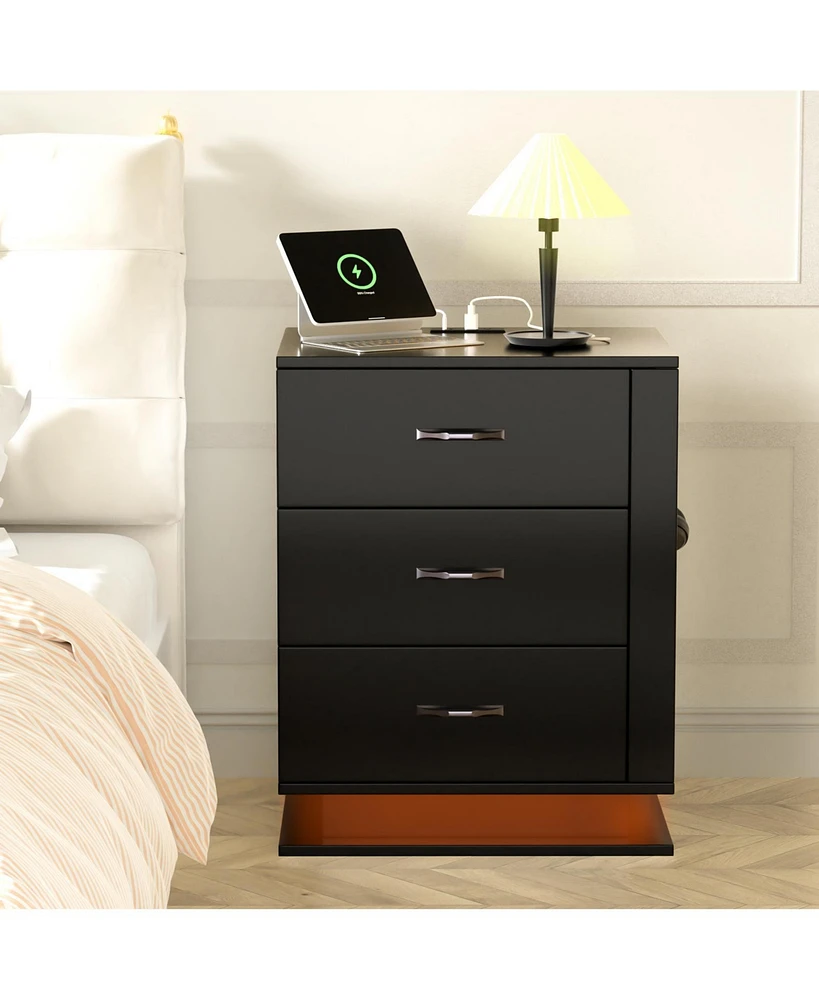 Slickblue Charging Station and Usb Ports 3-Drawer Side Cabinet Bedside Table Nightstand for Convenient Bedroom Storage