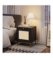 gaomon Rattan End Table, Wood Nightstand Set of 2 Side Table with Storage Shelf for Entryway, Living Room, Bedroom