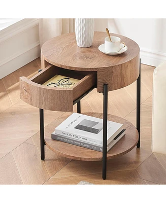 gaomon Round End Table Wood Side Table with Drawer Farmhouse Circle End Tables Accent Bedside Table Metal Frame Small Nightstand for Living Room, Bedr