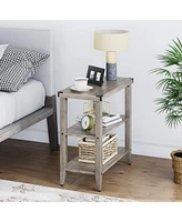gaomon Grey Farmhouse End Table, 3 Tier Rustic Side Table, Narrow Sofa Table Set of 2 with Ample Storage Shelf, Rectangular Nightstand with Metal Corn