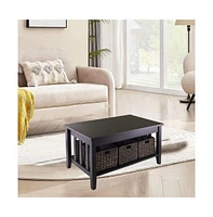 Slickblue Mission Style Dark Wood Coffee Table with 3 Folding Storage Baskets for Living Room