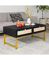 gaomon 46"" Rattan Coffee Table - Mid-Century Modern Design, Metal Frame, 2 Drawers for Storage