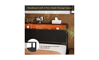 Slickblue Storage Headboard with Led Lights & Charging Station – 2-Tier Shelf for Organized Convenience