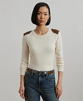 Lauren Ralph Women's Faux-Leather-Trim Cotton-Blend Sweater