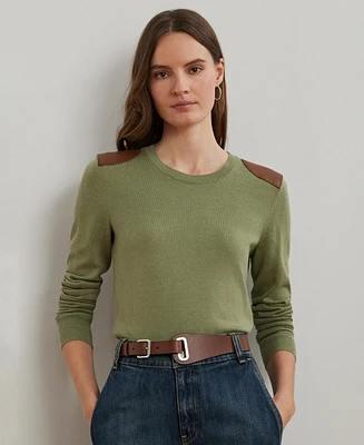 Lauren Ralph Women's Faux-Leather-Trim Cotton-Blend Sweater