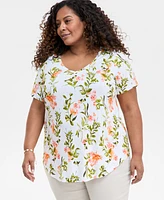Jm Collection Plus Printed Scoop-Neck Top