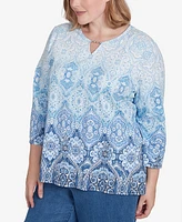 Alfred Dunner Plus Classic Split Beaded Neck Ombre Medallion Top