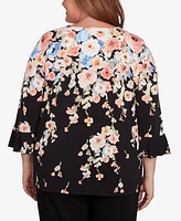 Alfred Dunner Plus Classic Falling Flower Beaded Split Neck Top