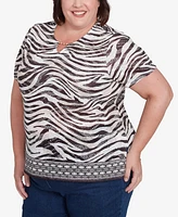 Alfred Dunner Plus Beaded Split Neck Animal Print Top