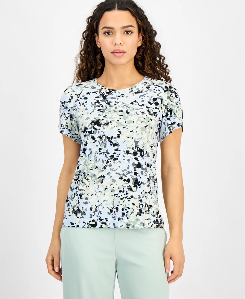 Ak Anne Klein Petite Printed Tulip-Sleeve Scoop-Neck Top