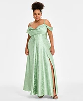 B Darlin Trendy Plus Off-The-Shoulder Satin Jacquard Gown