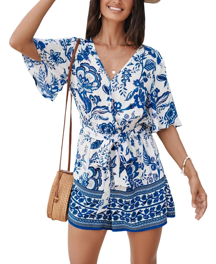 Cupshe Women's Blue Floral Belted Waist Wide Leg Romper