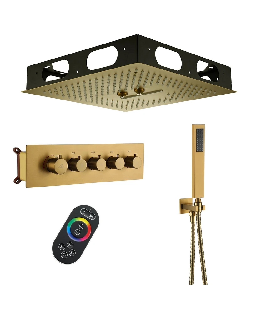 4-Function Led Shower System with Remote Ceiling Head Handheld Solid Brass Faucet Set Trim Kit, Matte Black