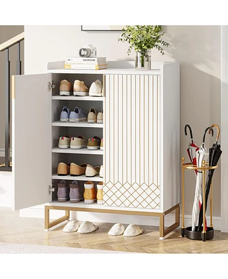 Tribesigns White 25 Pair Shoe Cabinets with Doors, 5-Tier Modern Shoe Storage Organizer Cabinet, Freestanding Wood Shoe Cabinet with Metal Frame for B