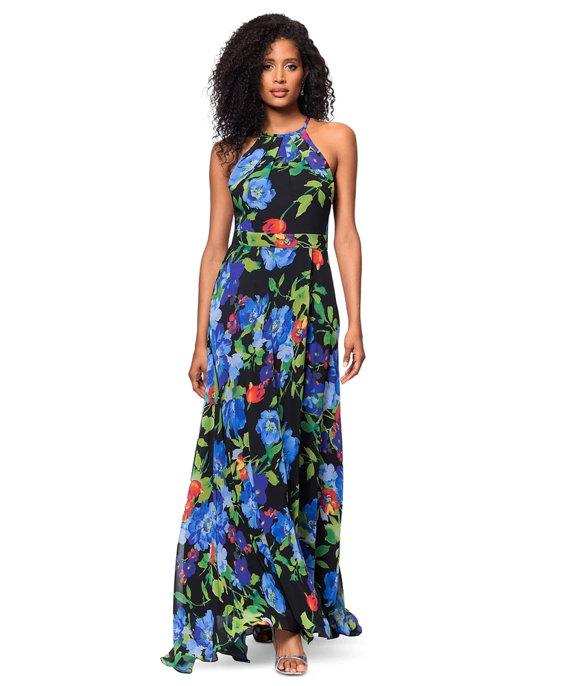 Betsy & Adam Women's Printed Chiffon Halter-Neck Gown