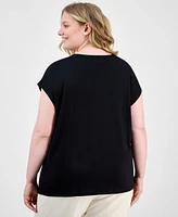 Anne Klein Plus Pleat-Neck Short-Sleeve Blouse