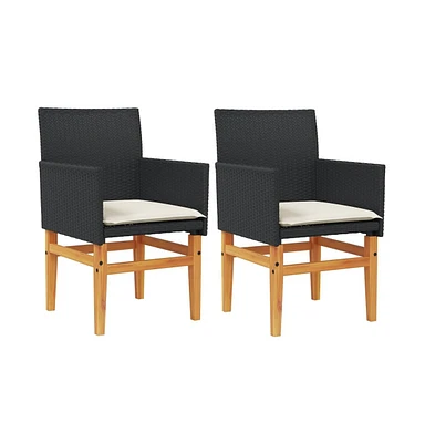 Patio Chairs with Cushions 2 pcs Black Poly Rattan&Solid Wood