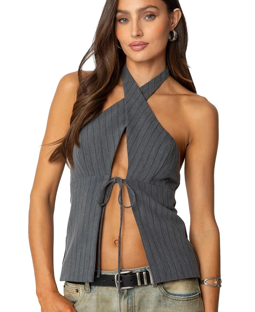 Edikted Womens Split Front Pinstripe Halter Top