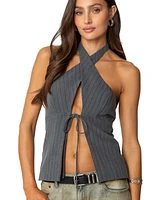 Edikted Womens Split Front Pinstripe Halter Top