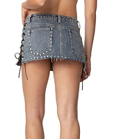 Edikted Womens Casey Lace Up Denim Mini Skirt