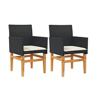 Patio Chairs with Cushions 2 pcs Black Poly Rattan&Solid Wood