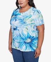 Alfred Dunner Plus Dramatic Blue Floral Crew Neck Top