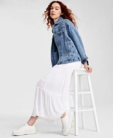 Studded Denim Jacket Ditsy Print Tank Tiered Maxi Skirt