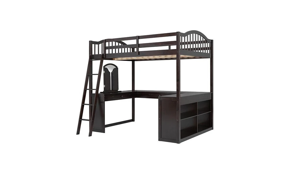 Slickblue Wooden Loft Bed with U-shaped Desk,Storage Compartments and Tri-fold Mirror