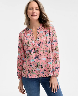 Style & Co Petite Cotton Gauze Printed Split-Neck Top, Exclusively at Macy's