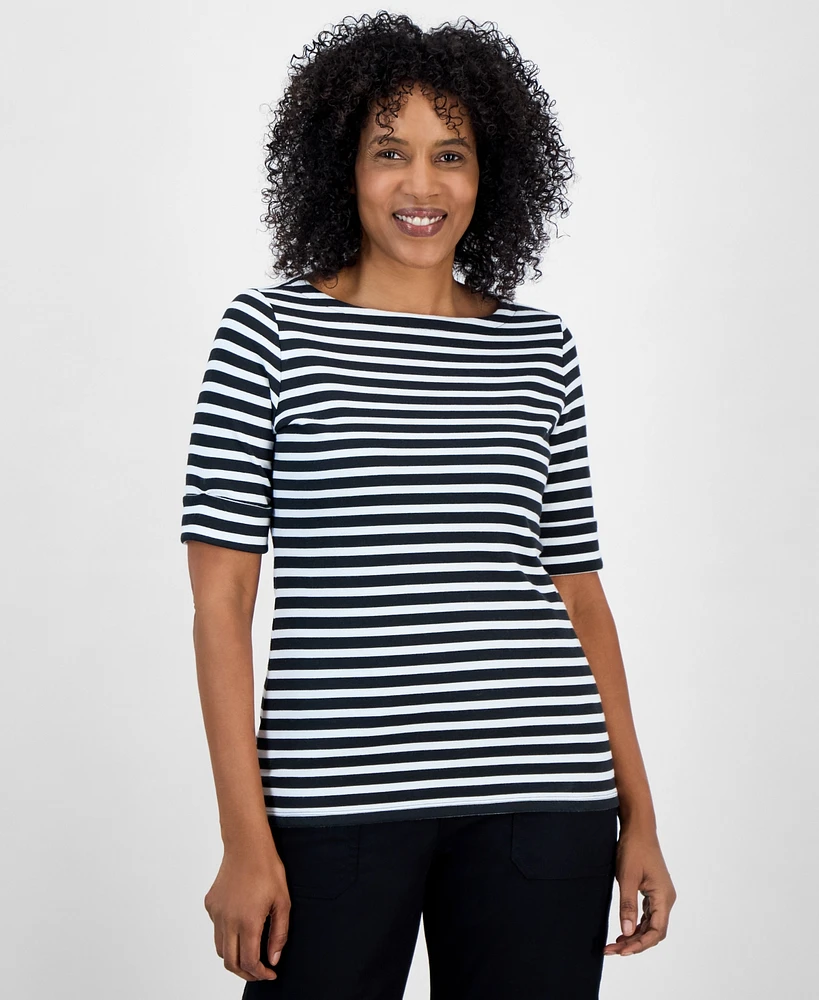 Style & Co Women's Printed Boat-Neck Elbow-Sleeve Top, Exclusively at Macy's