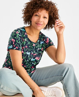 Style & Co Petite Printed Knit Scoop-Neck Short-Sleeve Top, Exclusively at Macy's