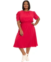 London Times Plus Gathered-Sleeve Smocked-Waist Dress