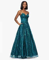 Blondie Nites Juniors' Glitter-Dot Draped-Neck Gown