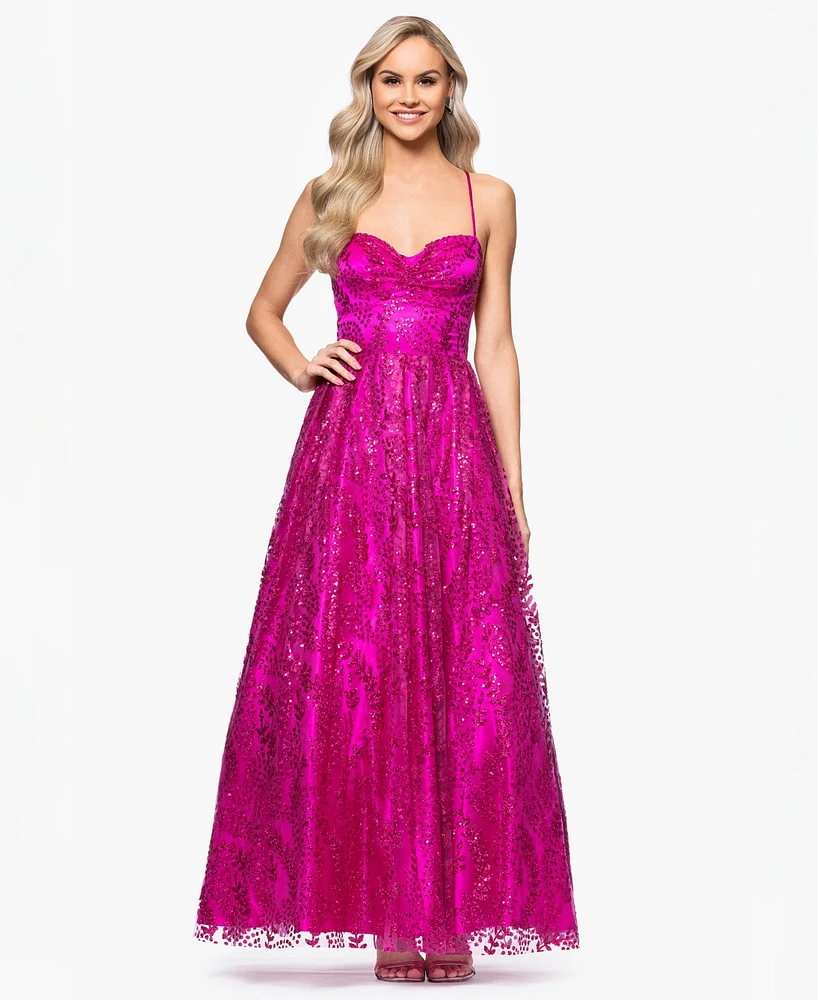 Blondie Nites Juniors' Glitter Draped-Neck Gown