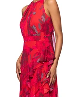 Betsy & Adam Petite Printed Ruffled Halter Gown