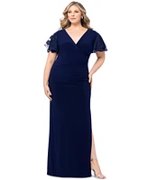 Betsy & Adam Plus Flutter-Sleeve Surplice-Neck Gown