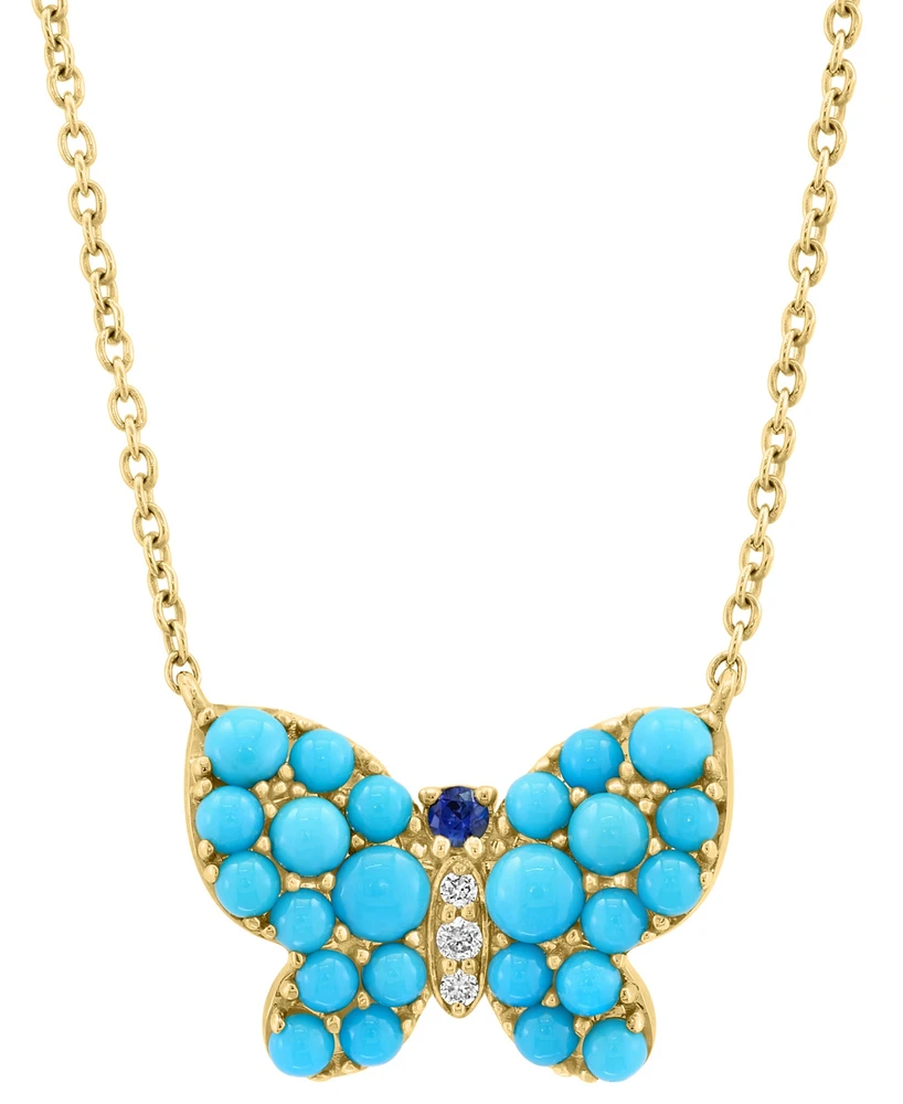 Effy Turquoise, Sapphire Accent, & Diamond Accent Butterfly Pendant Necklace in 14k Gold, 17" + 1" extender