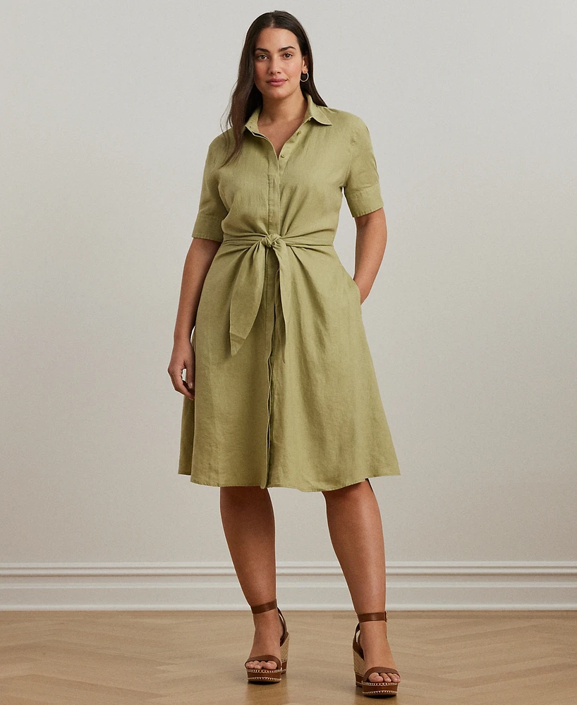 Lauren Ralph Plus Tie-Front Linen Shirtdress