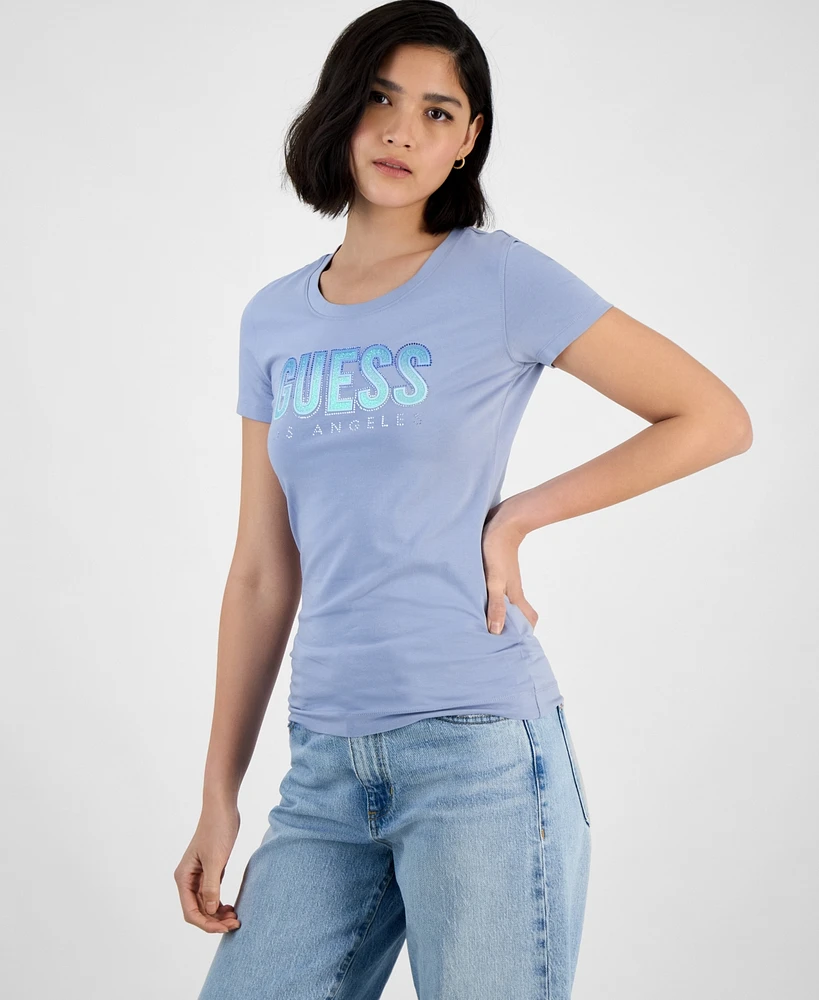 Guess Women's Glitter-Logo Short-Sleeve Crewneck Top